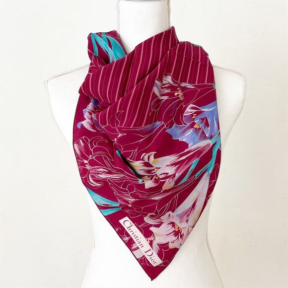 DIOR Vintage Floral Hawaiian Silk Scarf Burgundy Blue - Picture 6 of 8